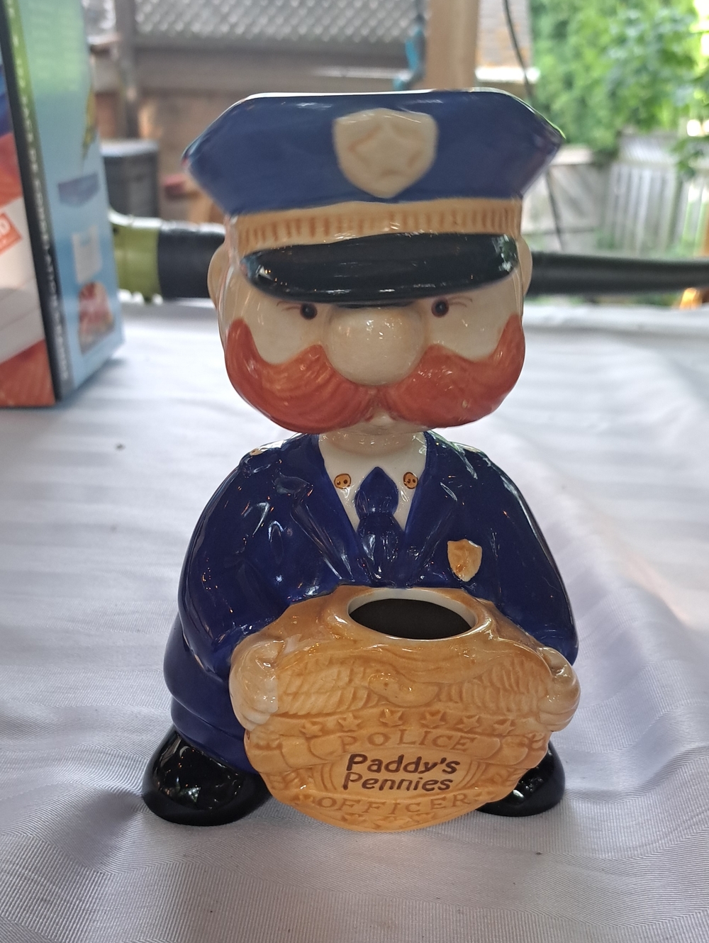 Ceramic Bobble Head Police Officer Penny Bank - Blue Uniform, Orange Hair